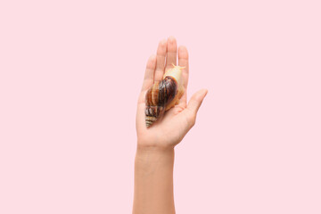 Female hand with snail on pink background