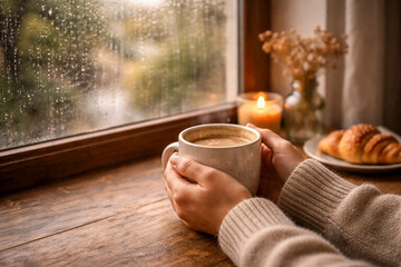 Cozy morning coffee by rainy window