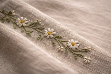 Delicate floral embroidery on linen fabric