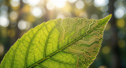Conceptual illustration of a green leaf featuring integrated golden electronic circuit patterns, symbolizing the fusion of nature and sustainable technology