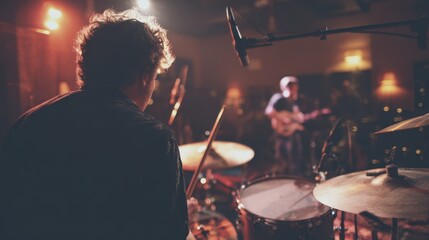 Naklejka premium Medium shot focusing on a band performing in an intimate setting with close attention to capturing live sound for future distribution