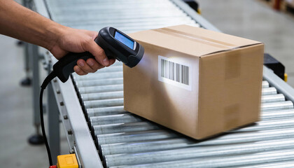 A warehouse worker scans a barcode on a moving cardboard box traveling along a roller conveyor.
