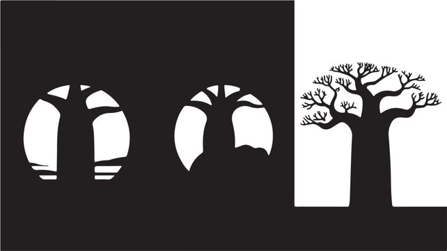 Baobab Tree Silhouette Vector Illustration Set Black and White Minimalist Design