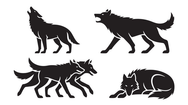 Wolf Silhouettes Howling Aggressive Walking and Resting Black Vector Illustration Isolated on White