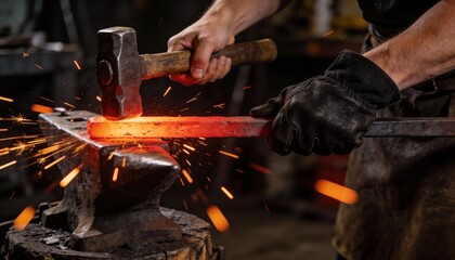 A blacksmith hammering glowing hot metal on an anvil, creating a dramatic shower of bright orange sparks in a dark forge.
