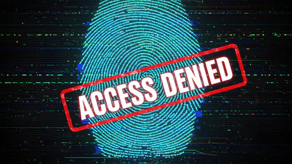 Digital Fingerprint Scanning Access Denied with Glitchy Overlay and Red Stamp of Rejection