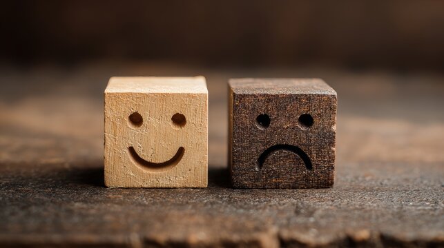 Mental health and emotional state, Smile face in bright side and sad face in dark side on wooden block cube for positive mindset selection, expression, mask, bipolar, generate by AI