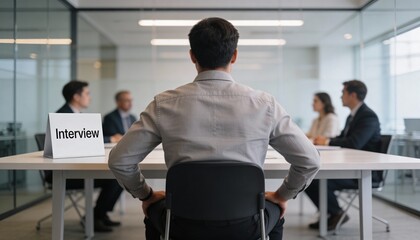 A man sits, viewed from behind, facing a hiring panel during a professional job interview in an office.