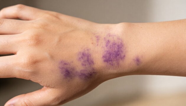 Close-up of a human hand and wrist showing several large, dark purple bruises, indicating trauma or injury, requiring medical attention.