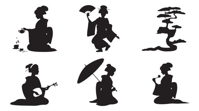 Traditional Japanese geisha silhouettes in various poses with elegant black illustrations for cultural heritage
