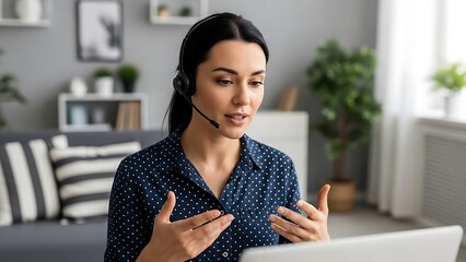 A woman wearing a headset is seated in a room, likely on a video call, with a modern and comfortable background.