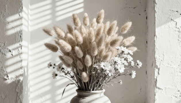 Bouquet of dried bunny tails and white flowers in a vase by sunlit wall
