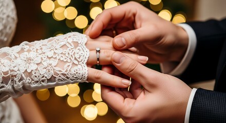 Close-up of a ring being placed on a gloved hand with a floral lace pattern, in front of blurred golden lights.