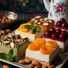 Four assorted cheesecake slices with various colorful toppings on a decorative plate, surrounded by almonds.