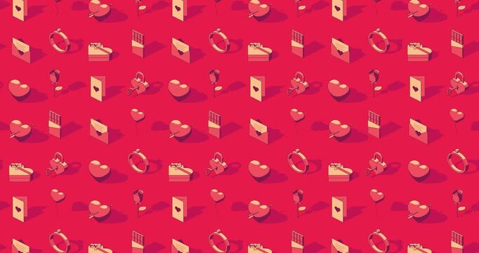 Looping motion background of red Valentines day themed isometric icons