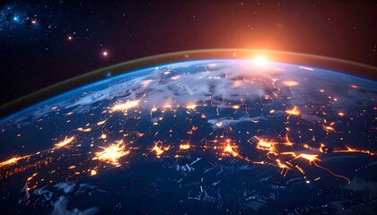 Obraz premium A vibrant, detailed image of Earth, bathed in the glow of sunrise, showcasing the illuminated city lights against a cosmic backdrop