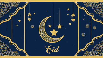 Naklejka premium Eid Mubarak Islamic Greeting Card with Crescent Moon
