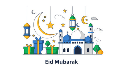 Fototapeta premium Eid Mubarak Mosque Greeting Card