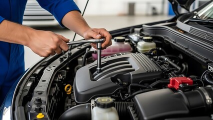 Mechanic working on a car engine with a socket wrench.