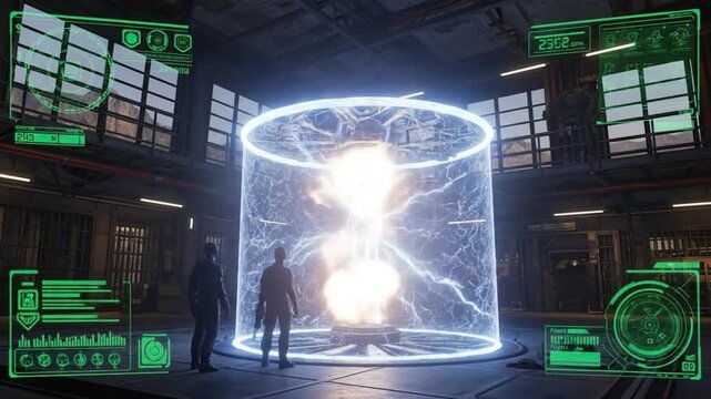 Futuristic Science Lab with Tesla Coil Energy Field and Holographic Data Displays