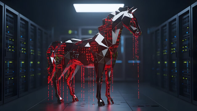 Cybersecurity Threat Digital Trojan Horse Lurking in Data Center Servers with Red Binary Code Drip - Powered by Adobe