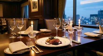 Fototapeta premium Elegant restaurant table setting with candlelight and city view