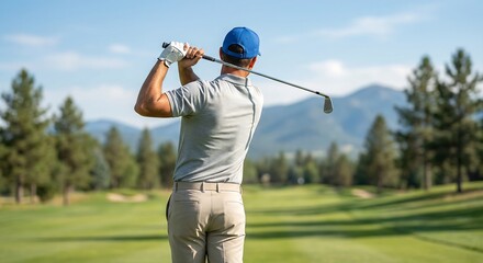 Person in a blue cap and gray shirt holding a golf club on a golf course.