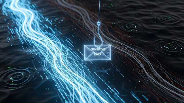 Digital phishing attempt capturing sensitive data stream in an abstract network environment, symbolizing online security threats, cybercrime, and data interception concept