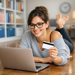 Woman lying on the floor using a laptop and holding a credit card.