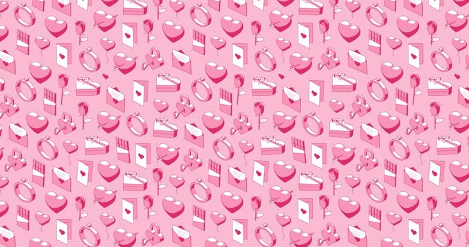 4k Pink wiggly Valentine's Day seamless background loop of  isometric icons