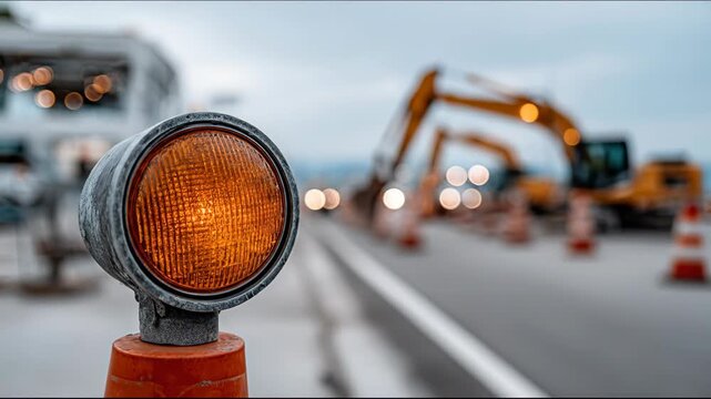 A close-up of a flashing orange construction warning light on a pole, with construction equipment in the background.