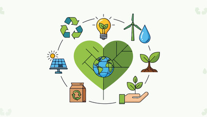Obraz premium A green heart with earth and eco-friendly symbols