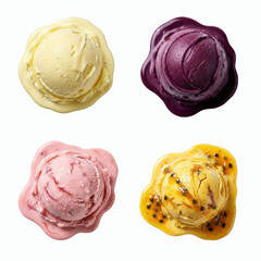 Fototapeta premium Colorful Ice Cream Scoops in Yellow, Purple, Pink and Passionfruit Flavors Isolated on White
