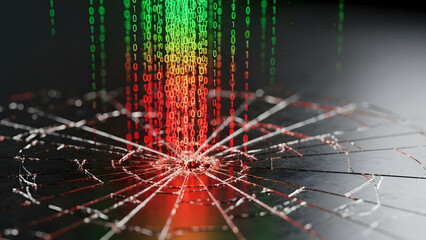 Digital data stream shattering a fragile glass surface, symbolizing data breach and cybersecurity risks