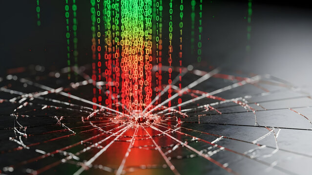 Digital data stream shattering a fragile glass surface, symbolizing data breach and cybersecurity risks - Powered by Adobe