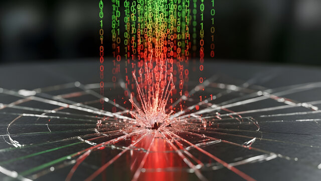 A catastrophic digital data breach and system compromise visualized through binary code erupting from a shattered interface, highlighting critical cybersecurity vulnerabilities - Powered by Adobe