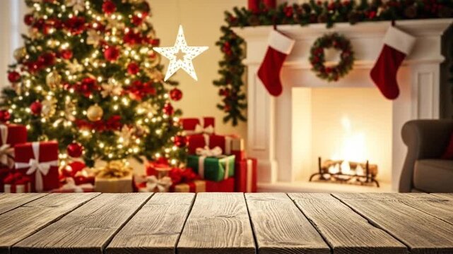 Cozy Christmas Living Room with Fireplace, Decorated Tree, Gifts, and Wooden Table