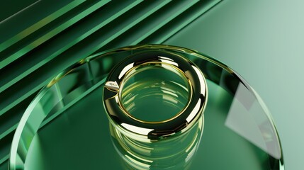Abstract Green and Gold Circular Ring on Green Background with Geometric Lines