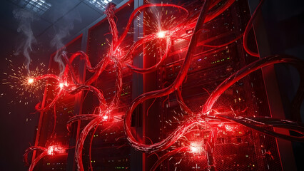 Catastrophic data network breach with glowing red, corrupted digital connections and electrical sparks, symbolizing a critical cyber security incident or system meltdown in a high-tech server room