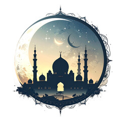 Islamic Mosque Silhouette with Crescent Moon.