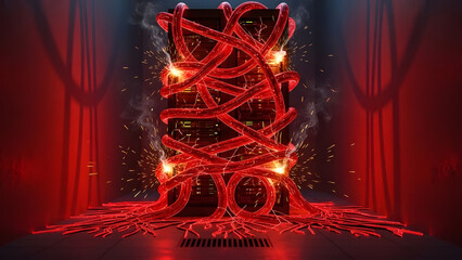 Surreal network server overloaded with tangled, pulsing red wires amidst dramatic lighting