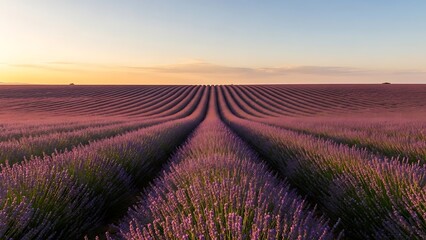 Fototapeta premium Vast Lavender Field Under a Soft Sunset Sky