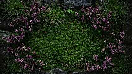 Captivating moss patch accented with blossoming heathers and spiky grasses