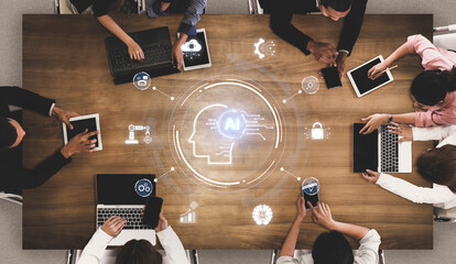 A concept of a global AI ecosystem centered on digital intelligence. Network integrates diverse applications like industrial automation, cloud computing, and fintech for worldwide innovation. Fermion