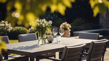 Outdoor dining table with flowers and glasses on sunny patio