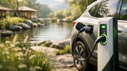 Electric vehicle charging at a scenic location with a charging station connected to the car, showcasing the eco-friendly technology and nature in harmony with the environment - Powered by Adobe
