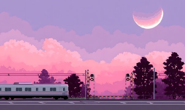 pixel art, vector graphics, purple sky with crescent moon, a few clouds in the background
