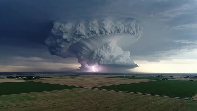 Ominous Supercell Thunderstorm Rises Above Green Fields, Illuminated by a Powerful Lightning Strike During a Dramatic Weather Event