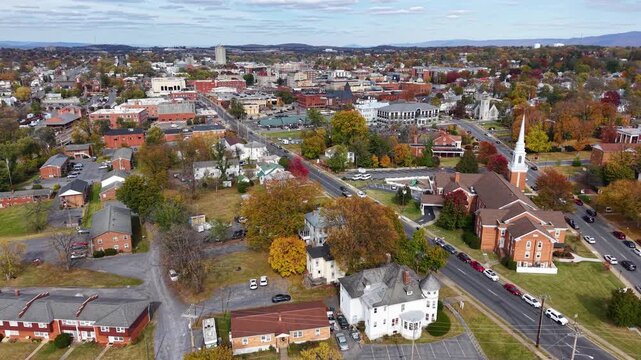 VIRGINIA - 11.10.2025 - Wonderful aerial footage moving over downtown Harrisonburg, Virginia.