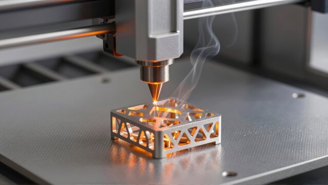 Industrial laser cutting head creating a miniature silver lattice part with rising smoke